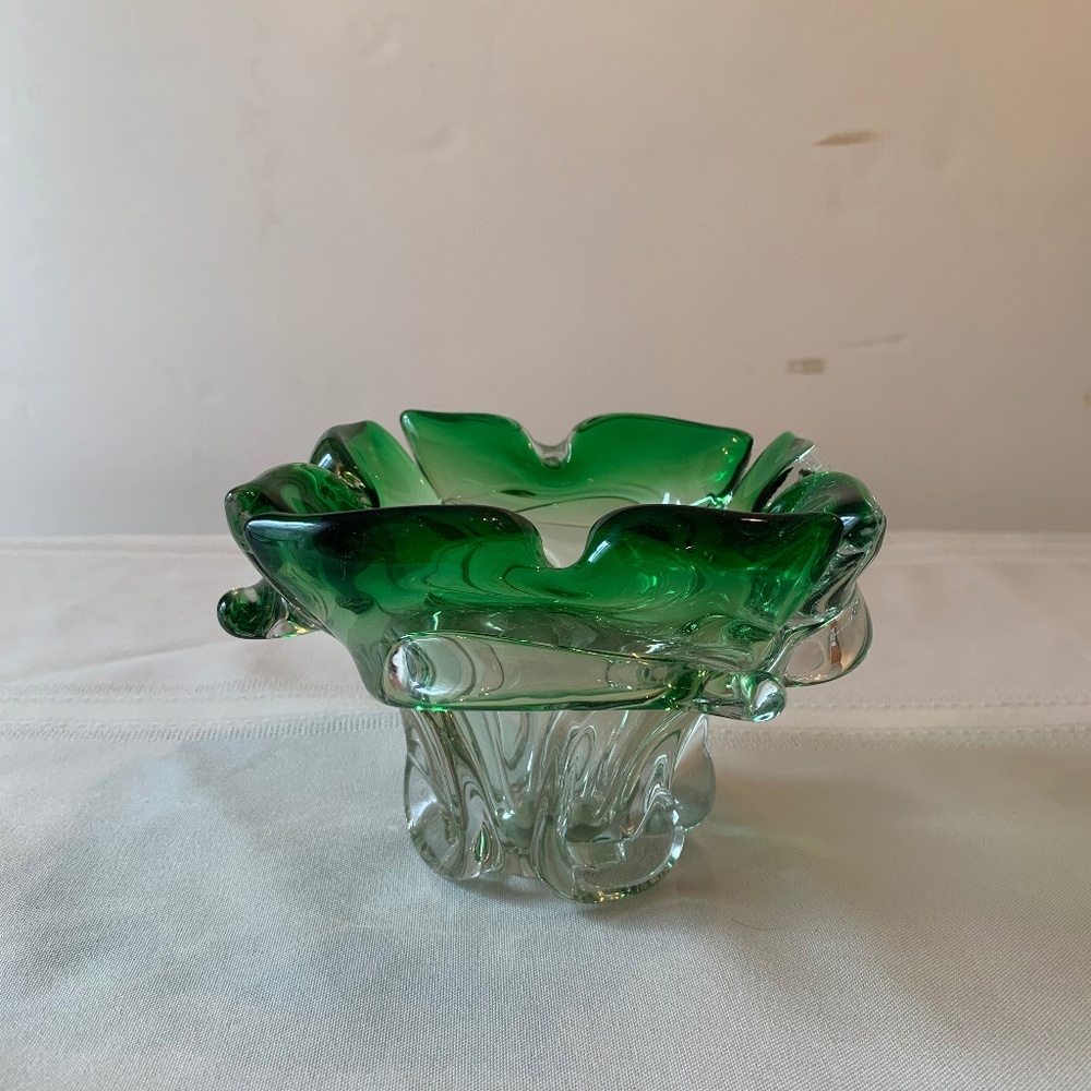 MCM Czech Bohemia style green tint glass ashtry/tricket bowl